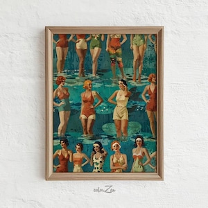 Arte de trajes de baño retro, póster de trajes de baño vintage de las décadas de 1940 y 1950, decoración de pared de baño tropical verde, arte lúdico junto a la piscina, descarga digital en verde azulado.