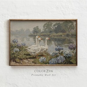 Antique style country geese landscape painting printable. Features soft blue, green, and white tones. Cozy nature decor for a rustic bedroom or modern office. Highly versatile for any room.