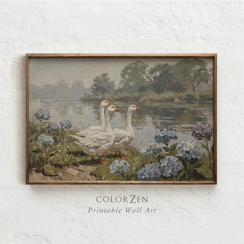 Antique style country geese landscape painting printable. Features soft blue, green, and white tones. Cozy nature decor for a rustic bedroom or modern office. Highly versatile for any room.