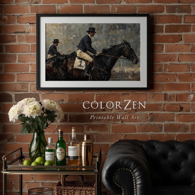 Dark Moody Equestrian Wall Art, Vintage Horse Racing Painting, Antique Style Jockey Print, Instant Download, Printable Artwork, L175 image 3