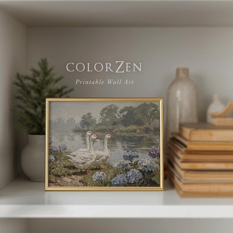 Rustic farm decor mockup featuring a country geese oil painting on a dark paneled wall. Timeless spring or summer nature art that easily transitions into modern cozy home styling.
