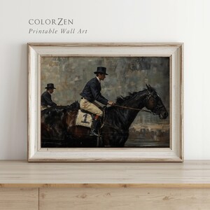 Last‑minute gifting idea: instant download dark moody equestrian wall art, vintage horse racing painting, antique jockey print for stylish decor.
