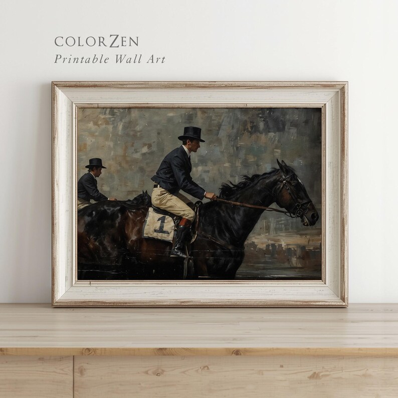 Last‑minute gifting idea: instant download dark moody equestrian wall art, vintage horse racing painting, antique jockey print for stylish decor.