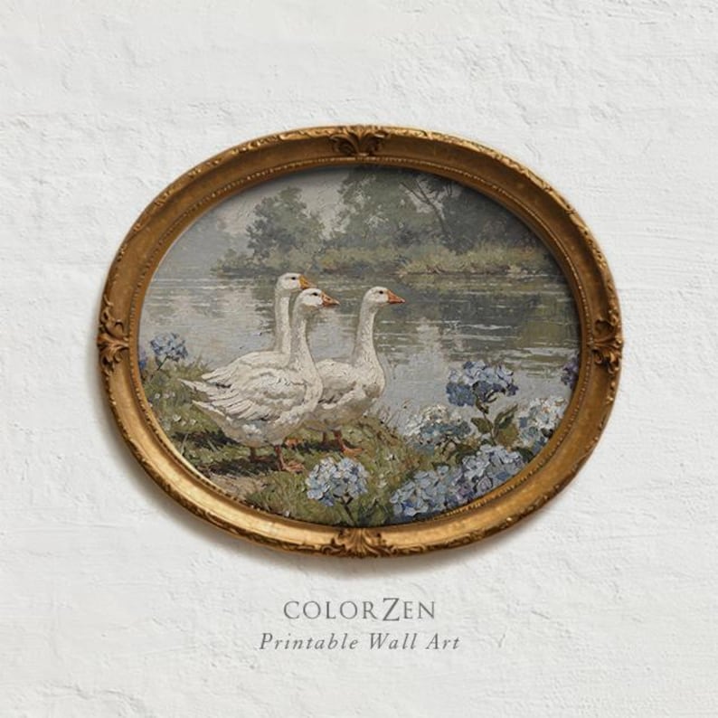 Vintage geese print in rustic frame. Muted blue hydrangeas and three white geese by a river landscape. Oil painting style for spring farmhouse decor. Fits dark or light, modern or rustic interiors.