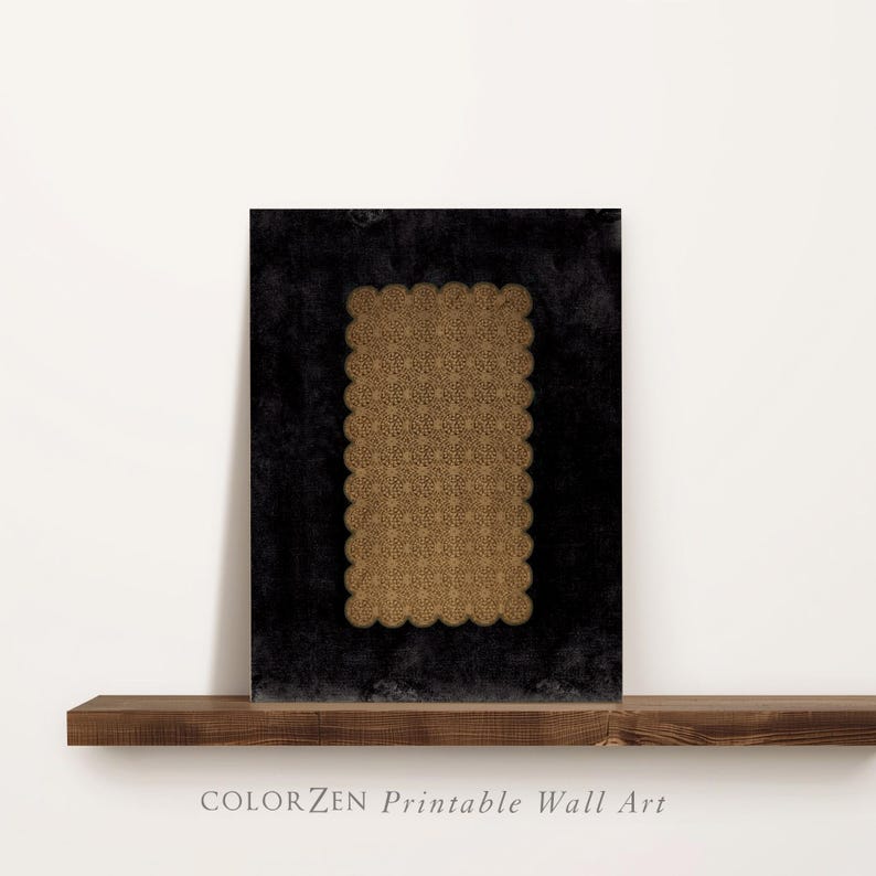 May include: A framed print featuring a gold-colored, patterned rectangle with a scalloped edge, set against a textured black background. The print is displayed on a wooden shelf. The text "COLORZEN Printable Wall Art" is at the bottom.