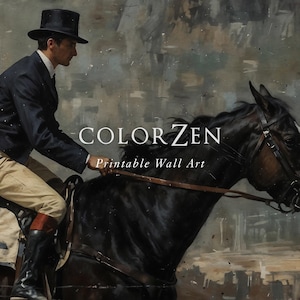 Vintage horse racing painting, antique jockey print, instant download equestrian artwork, versatile wall decor for light or dark interiors.