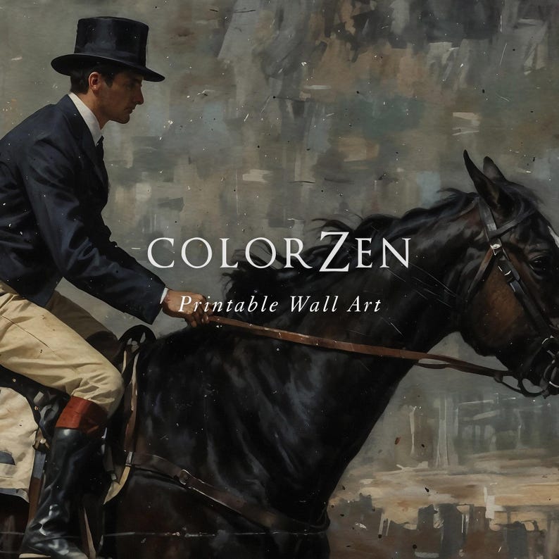 Vintage horse racing painting, antique jockey print, instant download equestrian artwork, versatile wall decor for light or dark interiors.