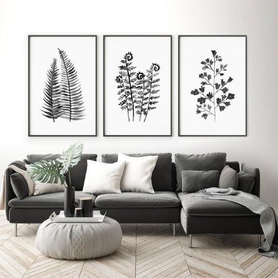 Botanical Art Set Of 3 Black And White Fern Watercolor Painting Wall Decor Leaf Bedroom Abstract Minimalist Image 0