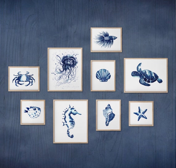 Ocean Animal Wall Art Navy Blue Hamptons Decor Sea Life Etsy