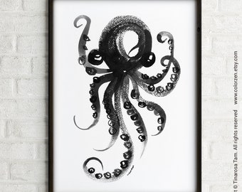 Octopus Wall Art, Sea Life Nautical Wall Decor, Black and White Octopus Bathroom Wall Decor, Black Ink Painting, Ocean Animal Bedroom Poster