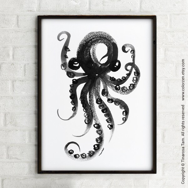 Octopus Wall Art, Sea Life Nautical Wall Decor, Black and White Octopus Bathroom Wall Decor, Black Ink Painting, Ocean Animal Bedroom Poster