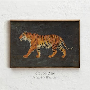 Retro Bengal Tiger Print, Vintage Wildlife Painting, Dark Moody Animal Wall Art, Charcoal Gray Orange Big Cat Poster Digital Download L551