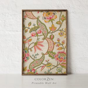 May include: A rectangular wall art print in a dark wood frame featuring a cream background with a repeating floral and paisley pattern in shades of pink, yellow, green, and blue. The text COLOR ZEN Printable Wall Art appears at the bottom.