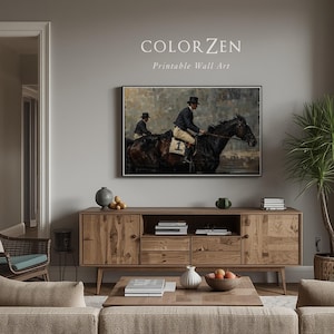 Antique jockey print with vintage horse racing painting, moody equestrian wall art, instant download decor for versatile interior design.