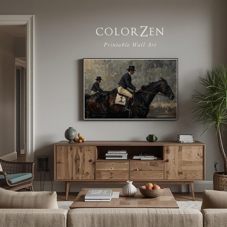 Antique jockey print with vintage horse racing painting, moody equestrian wall art, instant download decor for versatile interior design.