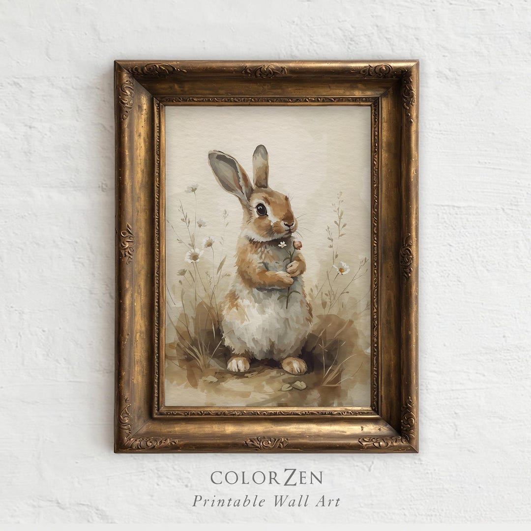 Muted Rabbit Vintage Easter Bunny Print, Muted Rabbit Painting, Woodland Animal ...