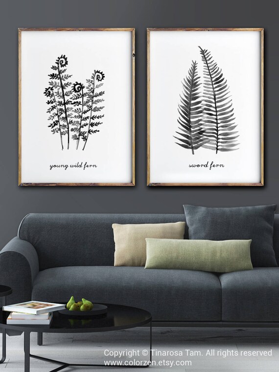 Fern Watercolor Painting Black And White Art Large Wall Art Botanical Print Set Of 2 Bedroom Wall Art Minimalist Art Botanical Print Set