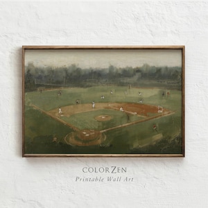 May include: A landscape-oriented framed wall art print depicting a vintage-style baseball field in muted green and brown tones. The scene shows players positioned across the diamond and outfield, with the text COLOR ZEN Printable Wall Art below.