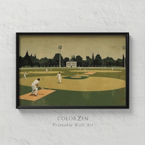 Puede incluir: Una impresión enmarcada de un partido de cricket de estilo vintage. La obra presenta jugadores con uniformes blancos en un campo verde y beige, con un telón de fondo de árboles y un pequeño edificio. El texto "COLOR ZEN Printable Wall Art" está en la parte inferior.