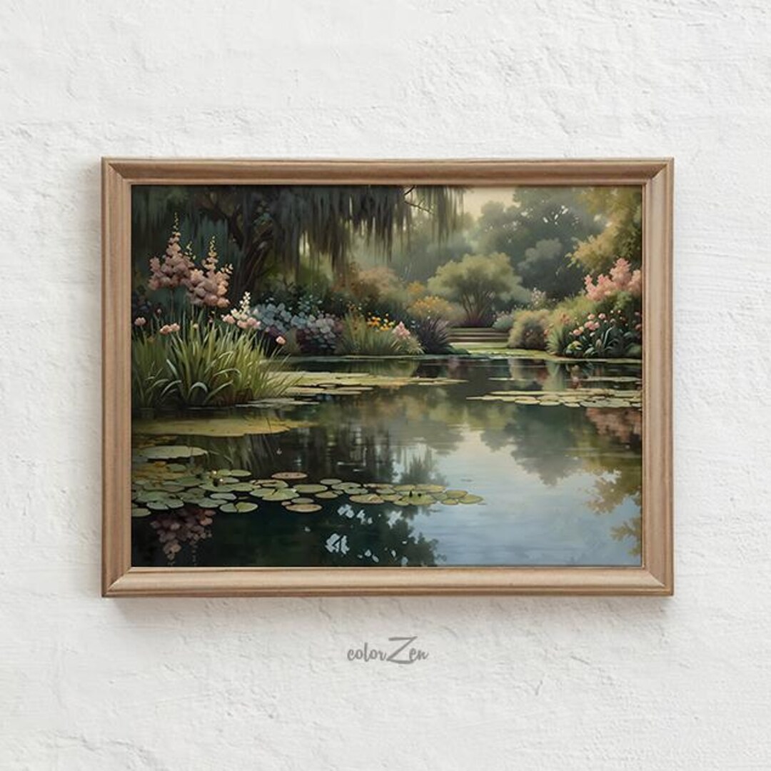 Garden Pond Landscape Art Print: Tranquil Waters, Lush Flora (digital ...