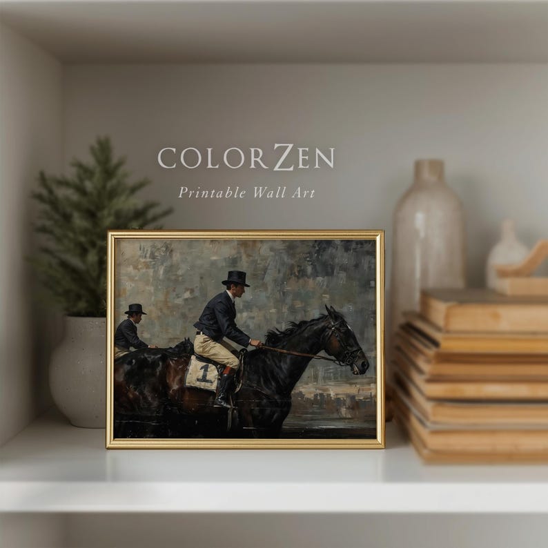 Printable artwork of vintage horse racing scene, antique jockey print, dark moody equestrian wall art, complements rustic and modern interiors.