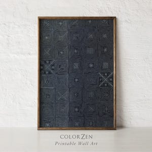 May include: A framed print featuring a dark blue geometric pattern with white lines. The design is composed of squares and other shapes. The frame is made of wood. The text "COLOR ZEN Printable Wall Art" is at the bottom.