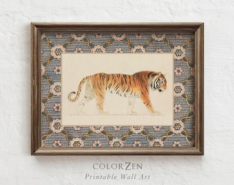 Vintage Tiger Art Print: Elegant Floral Animal Portrait Printable Wall Art, Digital Download C40