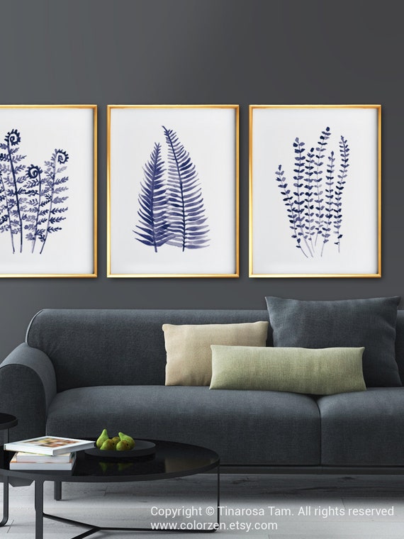 Prints blue Unframed Indigo Ferns Leaves Set of 3 Wall Art Prints Posters