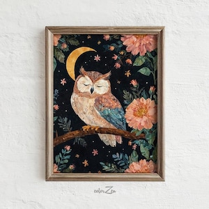 Boho Owl Print: Watercolor Floral Moon Art (Digital Download) L58