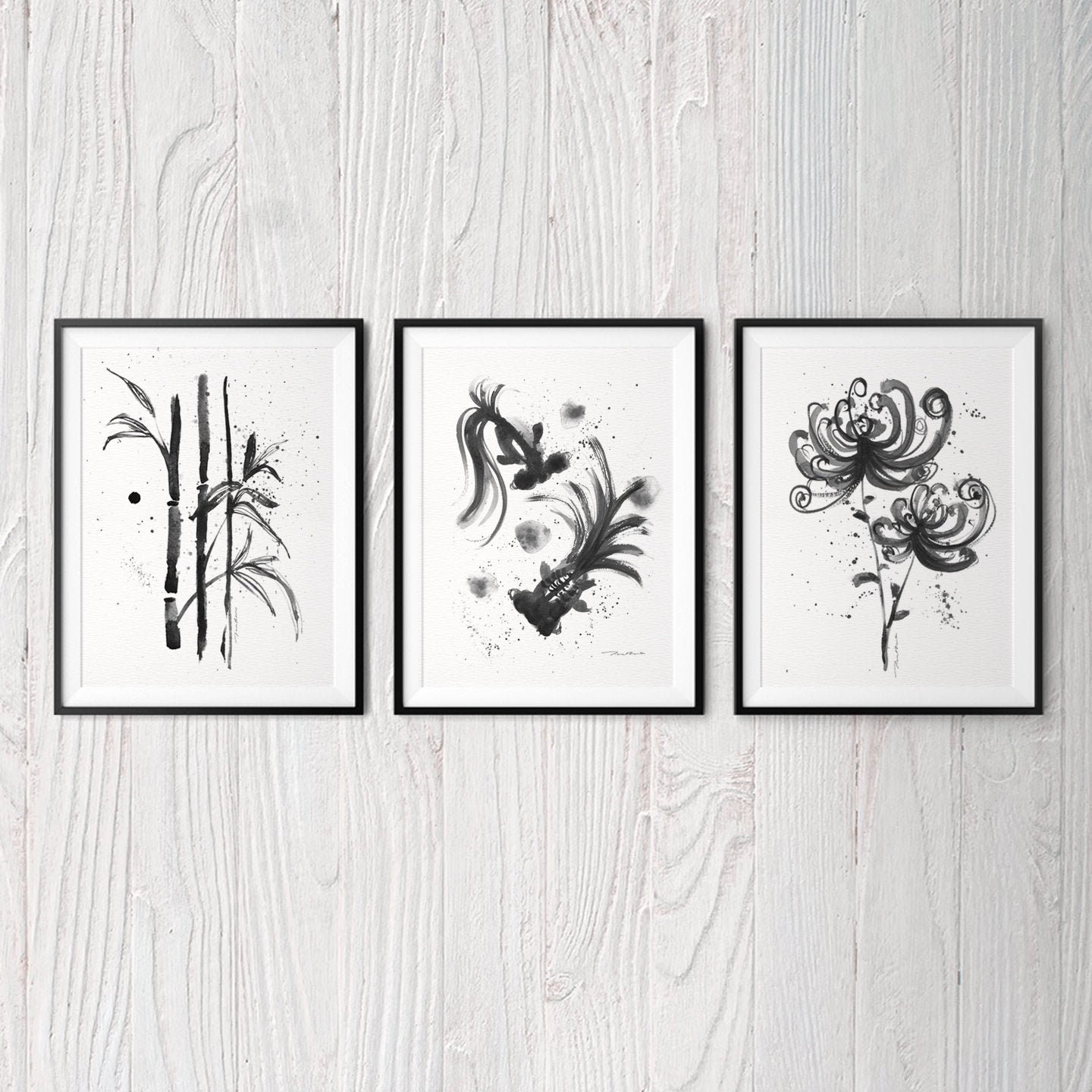 Asian Print Set of 2 Asian Wall Decor Black White Wall Art Etsy