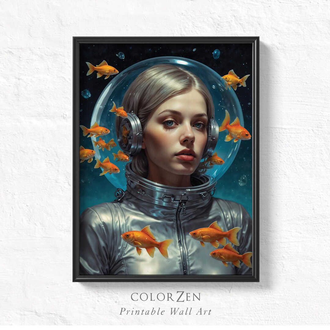 Retro Sci-fi Astronaut Print, Goldfish Space Helmet Printable Wall Art ...