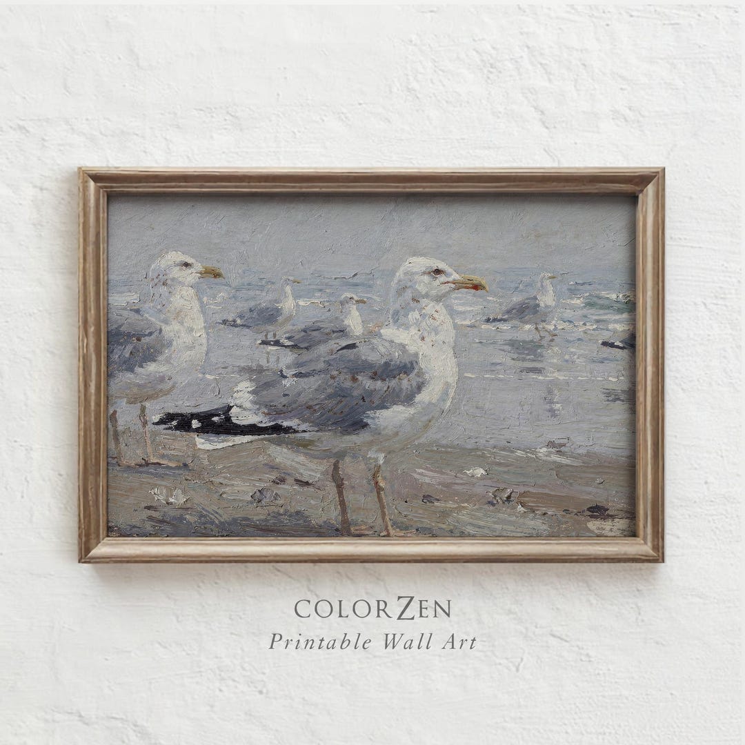 Vintage Seagulls Print, Muted Coastal Ocean Painting Printable Wall Art ...