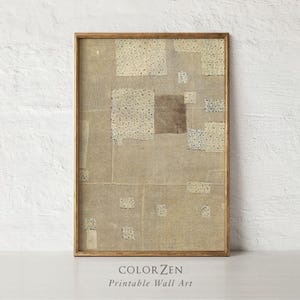 May include: A framed abstract wall art print. The artwork features a patchwork design with various beige and off-white squares and rectangles. The frame is a warm brown color. The text "COLOR ZEN Printable Wall Art" is at the bottom.