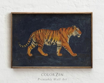 Tiger Print, Printable Animal Art, Jungle Wall Decor, Modern Wildlife Painting, Dark Blue Moody Nature Poster, Digital Download Artwork L431