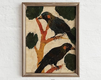 Rustic Raven Art Print, Crow Artwork, Vintage Bird Illustration, Boho Wall Art, Bird Folk Art (Digital Download) L95