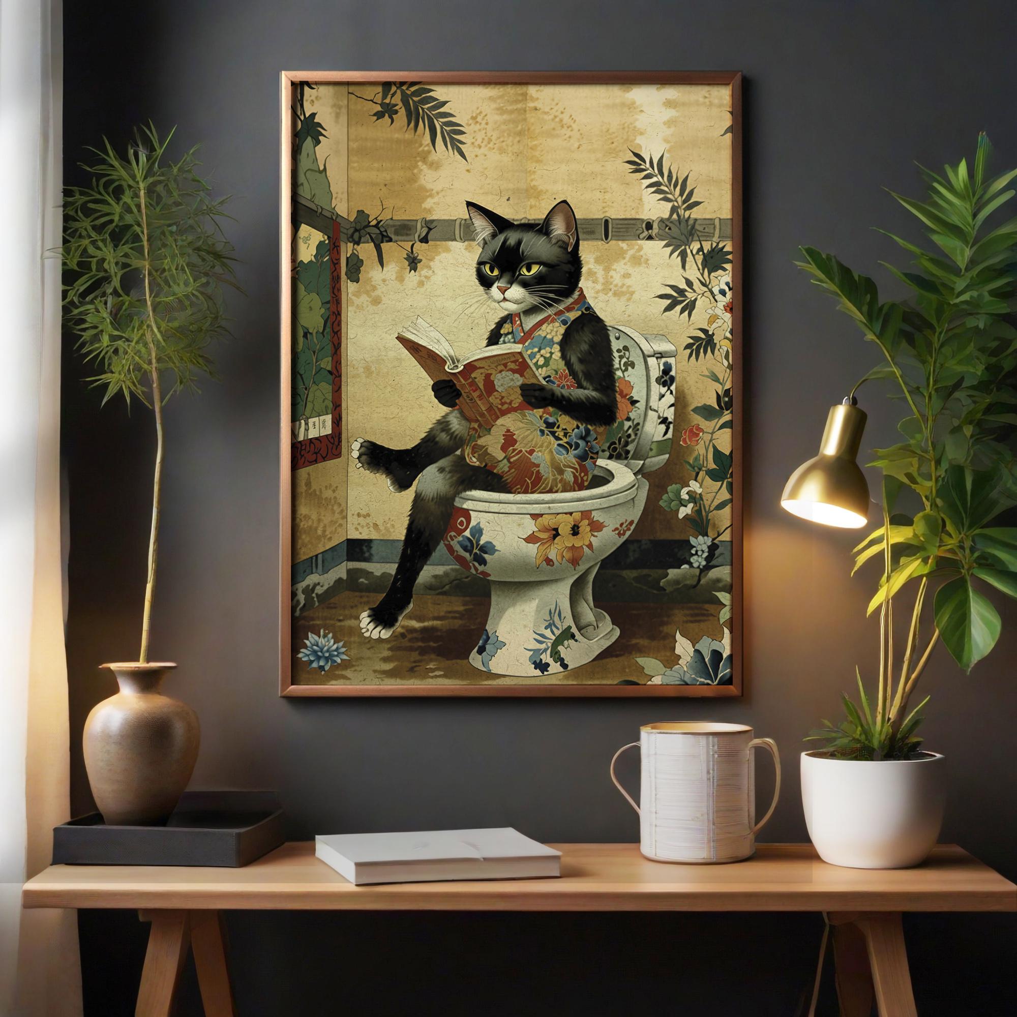 Badezimmer Wandkunst Schwarze Katze | Lustige Toiletten Dekoration | 20x30cm Leinwand Druck