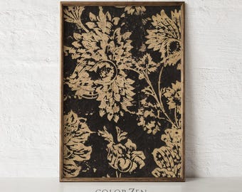 Vintage French Country Botanical Textile Art Print, Vintage Black Beige Floral Tapestry Wall Art, Downloadable Art, Digital Download C70