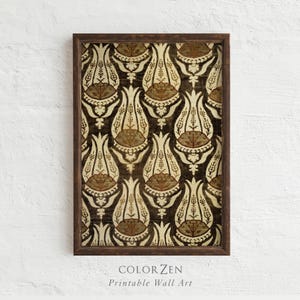May include: A framed print featuring a repeating pattern of stylized floral motifs in cream, brown, and gold against a dark brown background. The print is in a dark brown wooden frame. The text "COLOR ZEN Printable Wall Art" is at the bottom.