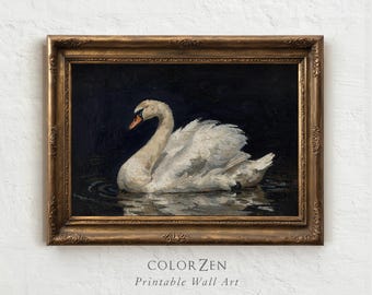 Vintage White Swan Print, Minimalist Neutral Wall Art, Modern Farmhouse Decor, Elegant Bird Oil Painting, Digital Instant Download L440