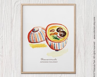 Japan Food Wall Art, Chawanmushi Watercolor Painting, Japanese Steamed Egg Custard Illustration, Japanese Restaurant, Japan Kitchen Decor