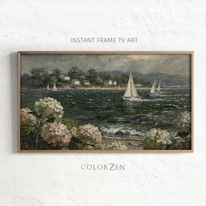 May include: A framed vintage landscape painting featuring sailboats on a dark green sea. White and pink flowers frame the bottom of the image. The text "INSTANT FRAME TV ART" and "COLOR ZEN" are visible.