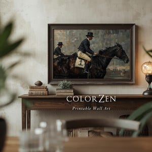 Vintage horse racing painting with antique jockey print, printable artwork, moody equestrian wall decor for rustic or modern home styling.