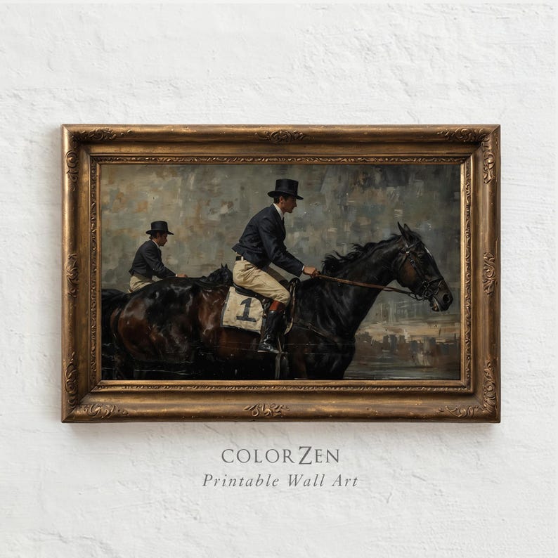 Dark moody equestrian wall art featuring vintage horse racing painting, antique jockey print, instant download, suits dark or light interiors.