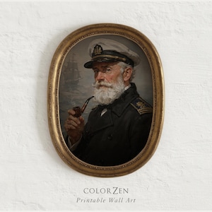 May include: An oval-framed portrait of an elderly sea captain with a white beard, wearing a dark naval uniform and a peaked cap, holding a smoking pipe. In the background, a sailing ship is visible on the ocean. Text reads COLOR ZEN Printable Wall Art.