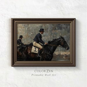 Moody equestrian printable artwork, antique jockey illustration, vintage horse racing painting, rustic and modern wall art for versatile styling.