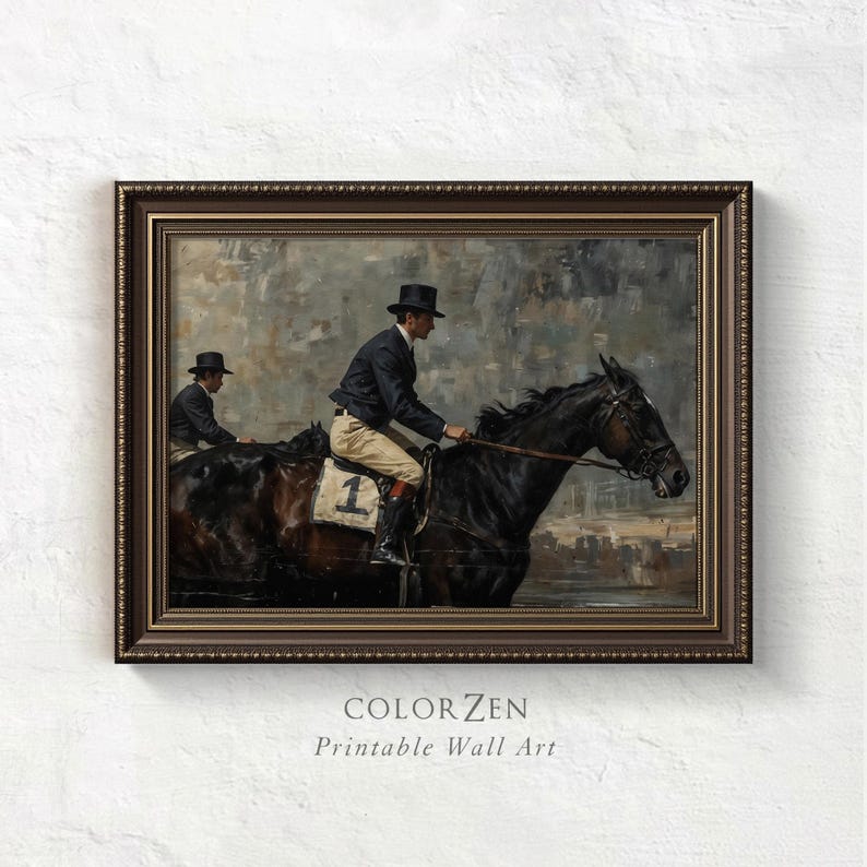 Moody equestrian printable artwork, antique jockey illustration, vintage horse racing painting, rustic and modern wall art for versatile styling.