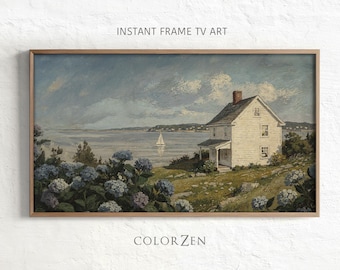Sfeervolle kustdecoratie met hortensia's in een huisje, tv-kunstwerk, rustige luxe zeilboot, Samsung tv-afbeelding, zomerse kust van Cape Cod, digitale download TV191