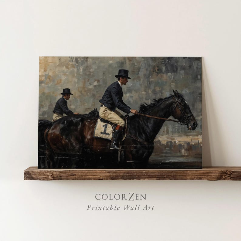 May include: Printable wall art featuring a vintage painting of two jockeys on horseback. The riders wear dark jackets and top hats, with one horse displaying the number "1". The artwork has a muted color palette and a classic aesthetic.
