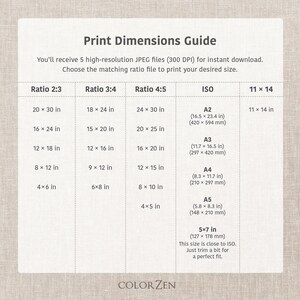 May include: Print dimensions guide with various aspect ratios and sizes in inches and millimeters. Includes ratios 2:3, 3:4, 4:5, ISO, and 11 x 14, with corresponding dimensions for printing. The guide is from ColorZen.