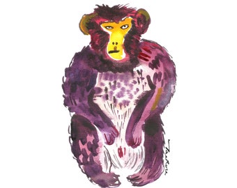 Monkey Art Print, Funny Purple Monkey Folk Art, Watercolor Print, Quirky Cute Monkey Poster, Animal Wall Art, Monkey Gift for Animal Lover